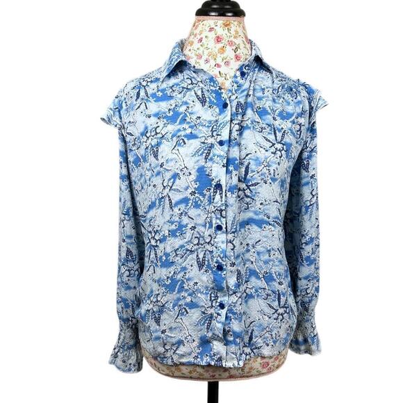 Berenice Tops - Berenice Paris Carlie Blue Floral Top Long Sleeve Ruffle Blouse size FR 34 US XS